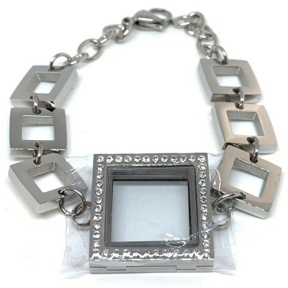 New Silver Rhinestone square link Locket Bracelet - Picture 5 of 8
